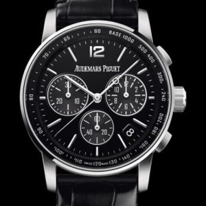 Replica Audemars Piguet Watch Code 11.59 Selfwinding Chronograph 26393BC.OO.A002CR.01 White Gold - Black Dial - Strap Alligator