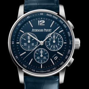 Replica Audemars Piguet Watch Code 11.59 Selfwinding Chronograph 26393BC.OO.A321CR.01 White Gold - Blue Dial - Strap Alligator