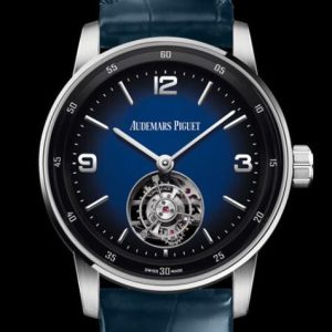 Replica Audemars Piguet Watch Code 11.59 Selfwinding Flying Tourbillon 26396BC.OO.D321CR.01 White Gold - Smoked Blue Dial - Strap Alligator
