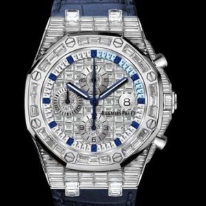Replica Audemars Piguet Chronographe Royal Oak Offshore 26473BC.ZZ.D023CR.01 White Gold - Diamonds and Blue Sapphires - Blue Alligator Strap