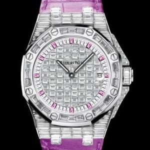 Replica Audemars Piguet Royal Oak Offshore Quartz 67543BC White Gold - Diamonds and Pink Sapphires - Pink Alligator Strap