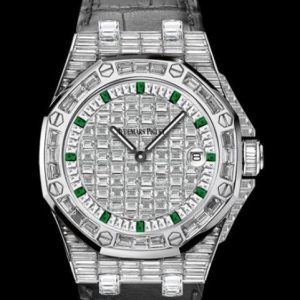 Replica Audemars Piguet Watch Royal Oak Offshore Quartz 67543BC.ZZ.D204CR.01 White Gold - Diamonds and Emeralds - Black Alligator Strap